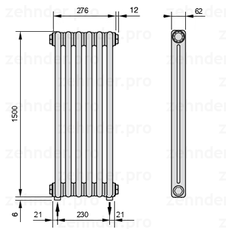 Схема (чертеж) Радиатор Zehnder Charleston 2150/6 №5310 Белый глянцевый RAL 9016